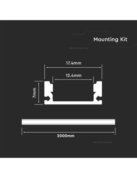 Perfil de aluminio para tiras LED, gris, 2000x17,4x7mm, lineal, cubierta satinada - V-TAC 10321 VT-8157