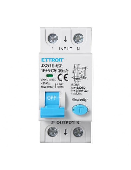 Fehlerstrom-Schutzschalter 1P+N, 2 Module, 220Vac, 6A, 30mA, 4.5KA - Ettroit JXB1L-63-2P-6A-4.5KA