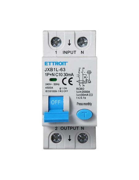 Disjoncteur à courant résiduel 1P+N, 2 modules, 220Vac, 10A, 30mA, 4.5KA - Ettroit JXB1L-63-2P-10A-4.5KA