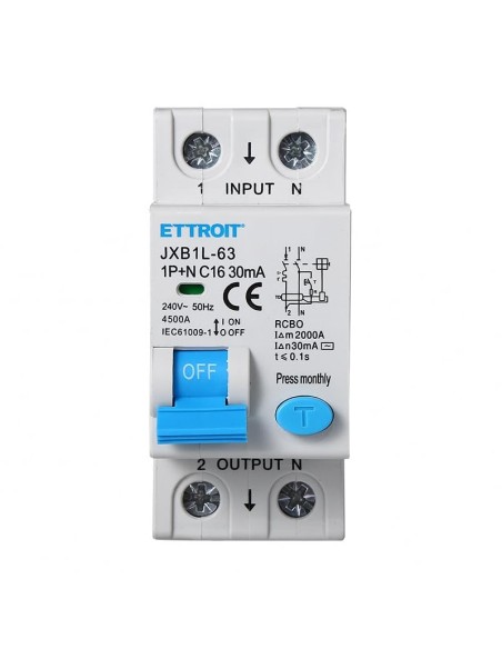 Residual current circuit breaker 1P+N, 2 modules, 220Vac, 16A, 30mA, 4.5KA - Ettroit JXB1L-63-2P-16A-4.5KA