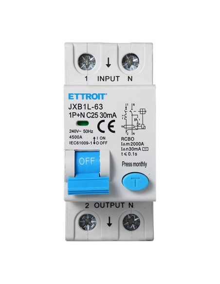 Aardlekschakelaar 1P+N, 2 modulen, 220Vac, 25A, 30mA, 4,5KA - Ettroit JXB1L-63-2P-25A-4,5KA