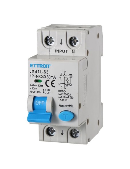 Disjoncteur à courant résiduel 1P+N, 2 modules, 220Vac, 40A, 30mA, 4.5KA - Ettroit JXB1L-63-2P-40A-4.5KA