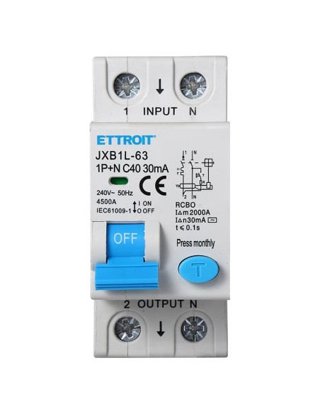 Interruttore magnetotermico differenziale 1P+N, 2 moduli, 220Vac, 40A, 30mA, 4,5KA - Ettroit JXB1L-63-2P-40A-4.5KA