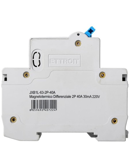 Interruttore magnetotermico differenziale 1P+N, 2 moduli, 220Vac, 40A, 30mA, 4,5KA - Ettroit JXB1L-63-2P-40A-4.5KA