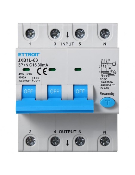Disjoncteur à courant résiduel 3P+N, 4 modules, 415Vac, 16A, 30mA, 4.5KA - Ettroit JXB1L-63-3PN-16A-4.5KA
