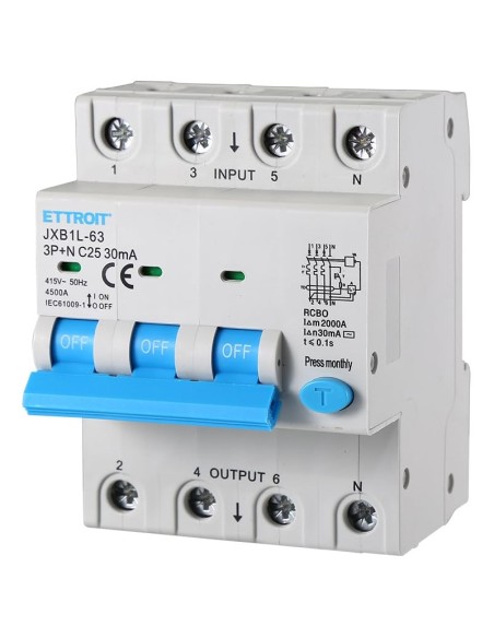 Aardlekschakelaar 3P+N, 4 modulen, 415Vac, 25A, 30mA, 4.5KA - Ettroit JXB1L-63-3PN-25A-4.5KA