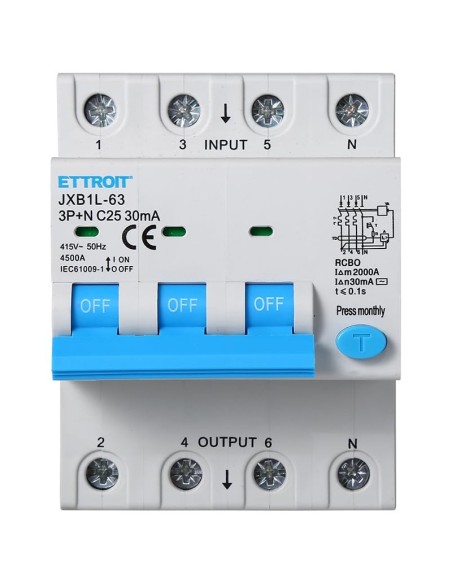 Disjoncteur à courant résiduel 3P+N, 4 modules, 415Vac, 25A, 30mA, 4.5KA - Ettroit JXB1L-63-3PN-25A-4.5KA