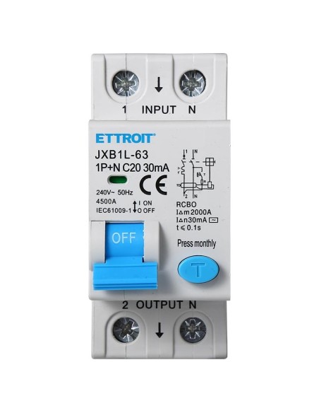 Aardlekschakelaar 1P+N, 2 modulen, 220Vac, 20A, 30mA, 4,5KA - Ettroit JXB1L-63-2P-20A-4,5KA