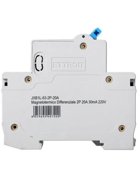Disjoncteur à courant résiduel 1P+N, 2 modules, 220Vac, 20A, 30mA, 4.5KA - Ettroit JXB1L-63-2P-20A-4.5KA