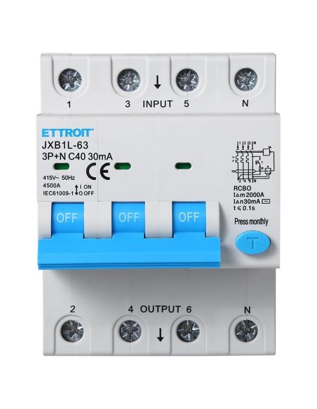 Disjoncteur à courant résiduel 3P+N, 4 modules, 415Vac, 40A, 30mA, 4.5KA - Ettroit JXB1L-63-3PN-40A-4.5KA