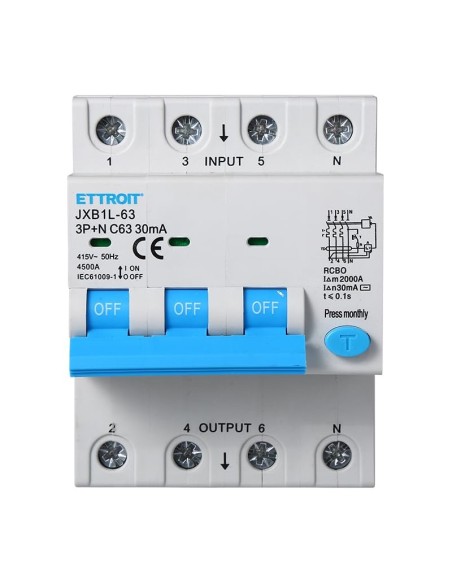 Disjoncteur à courant résiduel 3P+N, 4 modules, 415Vac, 63A, 30mA, 4.5KA - Ettroit JXB1L-63-3PN-63A-4.5KA