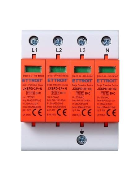 Parafoudre 3P+N, limitation SPD, 4 modules, 275Vac, Type T1+T2, 25KA, 50KA - Ettroit JX5630