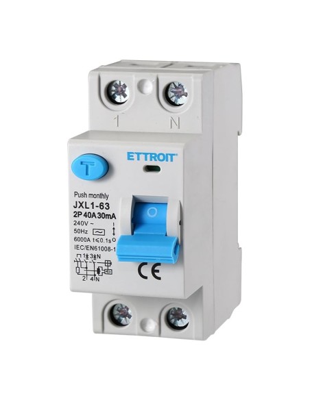 Interruttore magnetotermico differenziale puro 2P, 2 moduli, Tipo AC, 240Vac, 40A, 30mA, 6KA - Ettroit JX324061