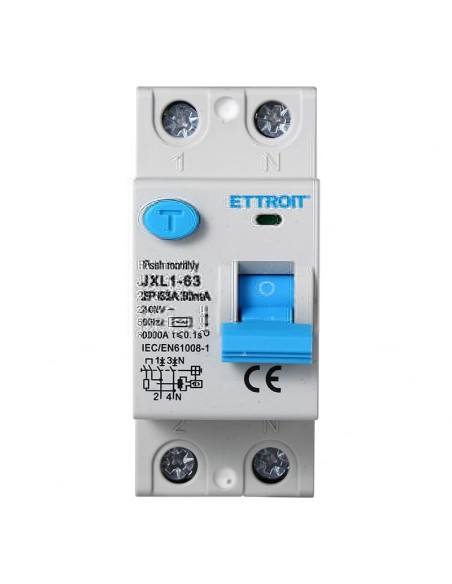 Pure residual current circuit breaker 2P, 2 modules, AC type, 240Vac, 63A, 30mA, 6KA - Ettroit JX326361