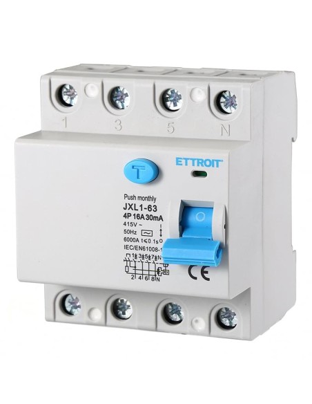 Zuivere aardlekschakelaar 4P, 4 modulen, AC type, 415Vac, 16A, 30mA, 6KA - Ettroit JX341661