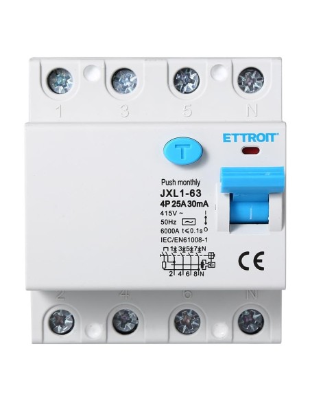 Zuivere aardlekschakelaar 4P, 4 modulen, AC type, 415Vac, 25A, 30mA, 6KA - Ettroit JX342561