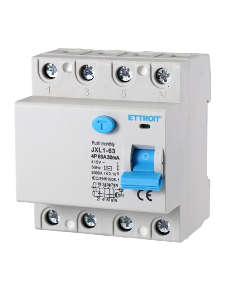Zuivere aardlekschakelaar 4P, 4 modulen, AC type, 415Vac, 63A, 30mA, 6KA - Ettroit JX346361
