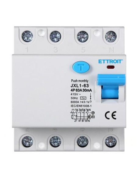 Pure residual current circuit breaker 4P, 4 modules, AC type, 415Vac, 63A, 30mA, 6KA - Ettroit JX346361