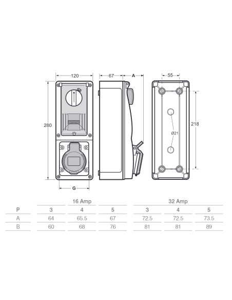 Vertikale verriegelte Steckdose mit Trennschalter, mit Boden, mit DIN-Schiene, 230V, 3-polig, 32A, IP54 - Rosi 16.3234B6D