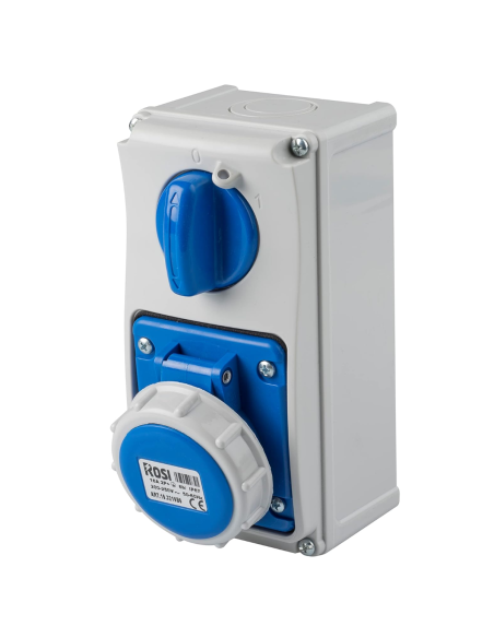 Verticale wandcontactdoos met vergrendeling, met bodem, 230V, 3 polig, 32A, IP67 - Rosi 19.3232B6