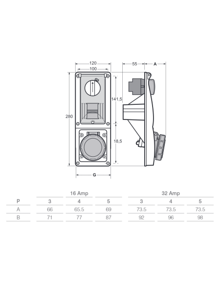 Vertical interlocked socket outlet with disconnect switch, flush mounted, with DIN rail, 380V, 4-pin, 16A,IP67-Rosi 16.3316R6-ID