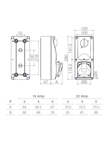 Presa interbloccata verticale con sezionatore, con fondo, con magnetotermico, 380V, 5 poli, 32A, IP54 - Rosi 16.3434R6MT