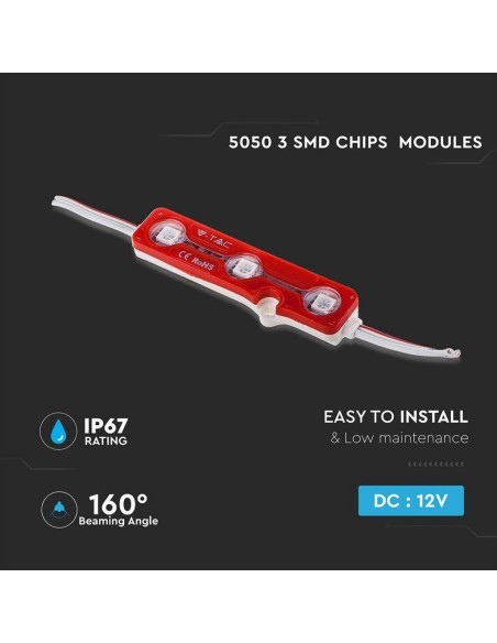 SMD5050 LED-Modul, 3 Leds, 12Vdc, 0.72W, rot, IP67 - V-TAC VT-50503 5117