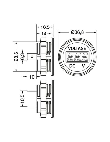 Voltmètre numérique, pour tension DC, ⌀28.6mm, gamme 5~48V