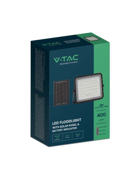 Foco LED de 6W con panel solar y mando a distancia, batería reemplazable, cable de 3 metros, negro - V-TAC VT-40W