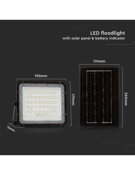 6W LED spotlight with solar panel and remote control, replaceable battery, 3 metre cable, black - V-TAC VT-40W