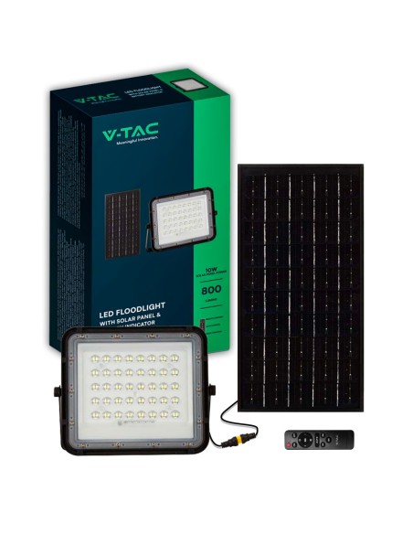 Projecteur LED 10W avec panneau solaire et télécommande, batterie remplaçable, câble de 3 mètres, noir - V-TAC VT-80W