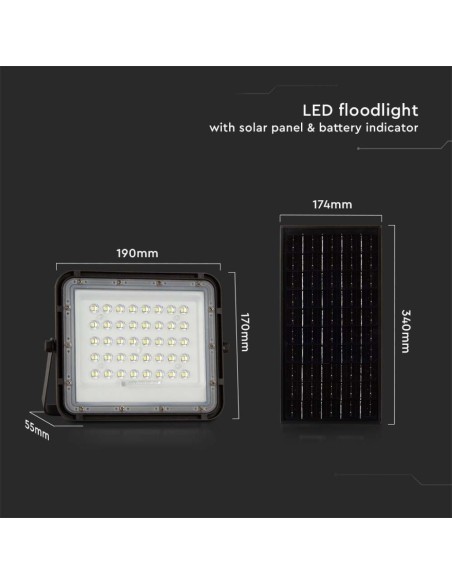 10W LED-spot met zonnepaneel en afstandsbediening, vervangbare batterij, 3 meter kabel, zwart - V-TAC VT-80W