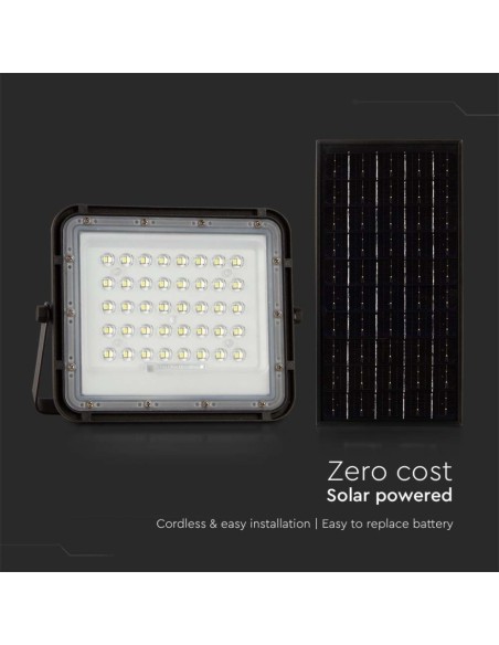 10W LED spotlight with solar panel and remote control, replaceable battery, 3 metre cable, black - V-TAC VT-80W