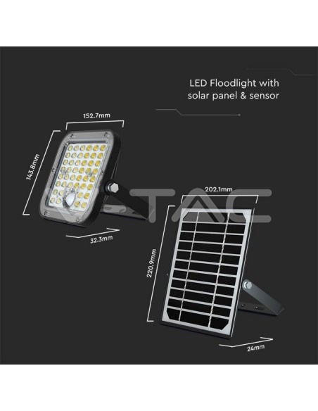 Projecteur LED 10W avec panneau solaire et télécommande, détecteur de mouvement et de crépuscularité, noir - V-TAC VT-411-B