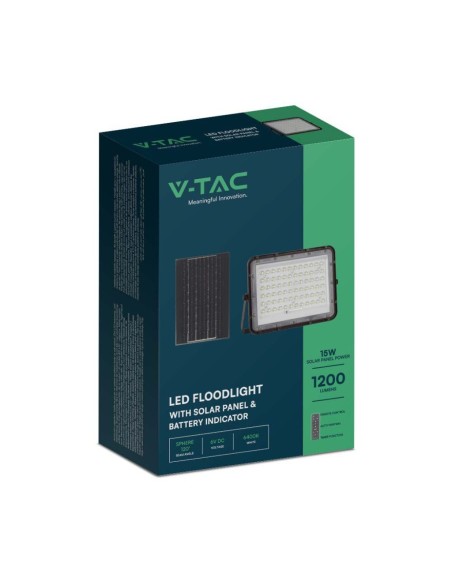 Projecteur LED 15W avec panneau solaire et télécommande, batterie remplaçable, câble de 3 mètres, noir - V-TAC VT-120W
