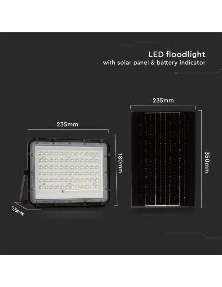 Foco LED de 15W con panel solar y mando a distancia, batería reemplazable, cable de 3 metros, negro - V-TAC VT-120W