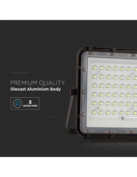 Foco LED de 15W con panel solar y mando a distancia, batería reemplazable, cable de 3 metros, negro - V-TAC VT-120W