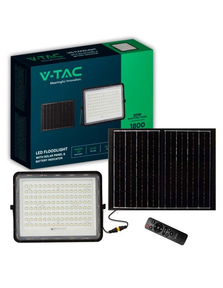 20W LED spotlight with solar panel and remote control, replaceable battery, 3 metre cable, black - V-TAC VT-180W