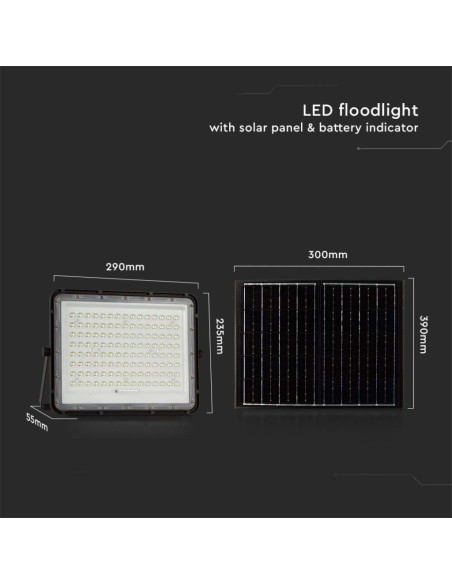 20W LED spotlight with solar panel and remote control, replaceable battery, 3 metre cable, black - V-TAC VT-180W