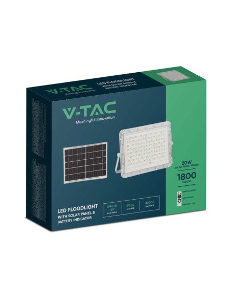 20W LED spotlight with solar panel and remote control, replaceable battery, 3-metre cable, white - V-TAC VT-180W