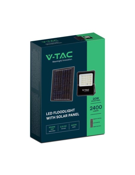 Faro LED 20W con pannello solare e telecomando, cavo 5 metri, nero - V-TAC VT-55300