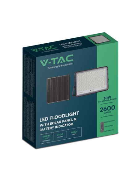 30W LED spotlight with solar panel and remote control, replaceable battery, 3 metre cable, black - V-TAC VT-240W