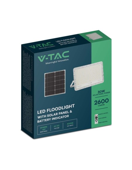 Faro LED 30W con pannello solare e telecomando, batteria sostituibile, cavo 3 metri, bianco - V-TAC VT-240W