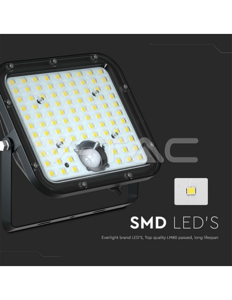 Projecteur LED 30W avec panneau solaire et télécommande, détecteur de mouvement et de crépuscularité, noir - V-TAC VT-432-B