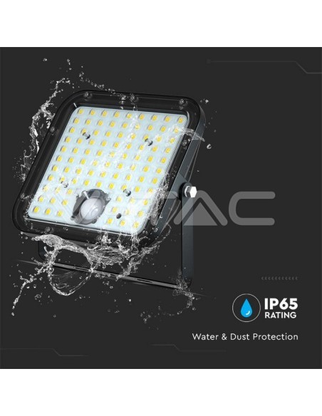 Foco LED de 30W con panel solar y mando a distancia, con sensor de movimiento y crepuscular, negro - V-TAC VT-432-B