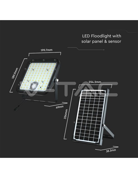 Foco LED de 30W con panel solar y mando a distancia, con sensor de movimiento y crepuscular, negro - V-TAC VT-432-B