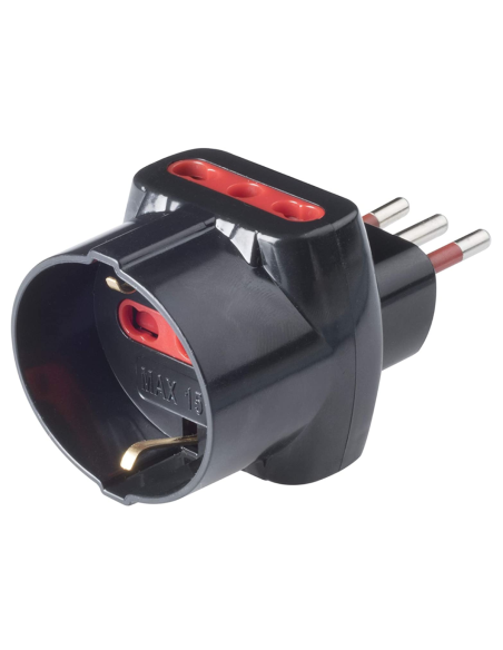 Drievoudige adapter van 10A stekker naar 2 x 10A/16A stopcontact en 1 x 16A schuko stopcontact, zwart- Rosi RS78046T