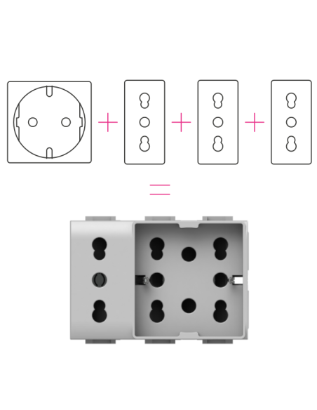 Módulo de toma multiestándar, 10A, 16A y schuko, serie P, tech, compatible BTicino Living Light - 4Box Side XL 4B.NT.H21.XL