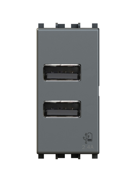 Módulo doble toma USB 2.0 tipo A, 5Vdc 2,4A, serie U, gris, compatible con la serie Vimar Arkè - 4Box USB 2.4 4 4B.V19.USB.24