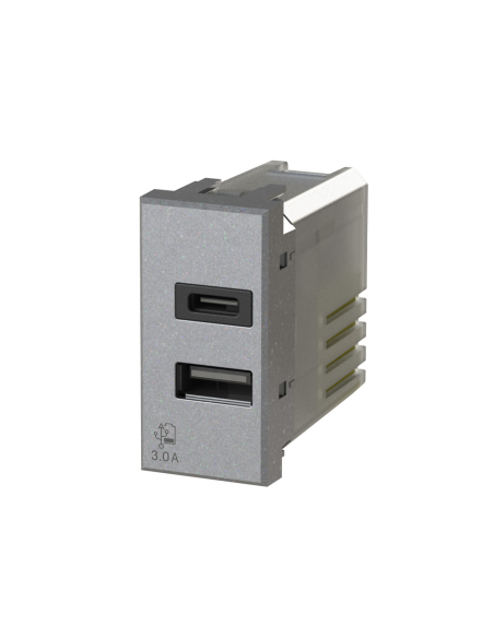 Modulo doppia presa USB 2.0 tipo A e USB 3.1 tipo C, 5Vdc 3A, antracite, compatibile BTicino Axolute - 4Box USB 20W 4B.HS.USB.30
